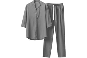 Bkazwe Set da 2 Pezzi in Lino da Uomo Completi Estivi per Le Vacanze al Mare, Camicia a Maniche Corte Casual abbottonata Set di Pantaloni Lunghi Larghi