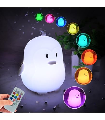 Penguin Veilleuse Pour Enfants Lampe De Couchage Lumière De La Pièce, Lampe De Chevet Télécommandée 9 Couleurs Pour Enfants En Bas