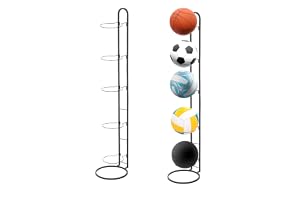 5-stegs bollstativ, inomhus bollhållare för volleyboll, fotboll, basket – bollhållare väggförvaring, garage bollförvaring – sport förvaring metall display bollstativ