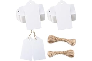 jijAcraft Etiquetas Regalo de Papel Kraft 10x5cm, 100 Uds Etiquetas de Artesanía + 20 Metros Cuerda de Yute, para Boda Navidad Cumpleaños (Blanco)