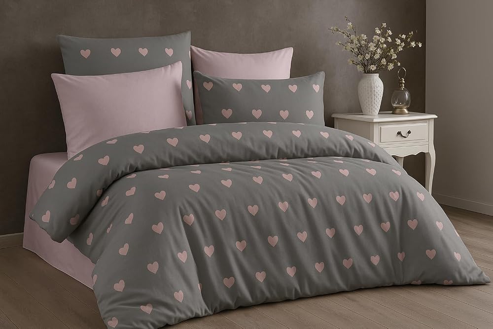 Lüks Pamuklu Çift Kişilik Nevresim Takımı Seti200x220cm + Lastikli Battal Boy Çarşaf 180x200x30cm +2 Yastık Kılıflı 50x70 cm Gri-Pembe Kalp