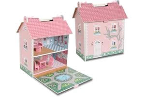 DQB DEQUBE DEQUBE Casa in legno per bambole con 2 ripiani, decorazione diversa in ogni stanza, include mobili e accessori da gioco, con giardino e maniglia per il trasporto facile