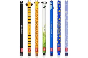 Legami - Juego de 7 bolígrafos de gel borrables con tinta de borrado termosensible, de tinta y diseños de barril, punta de 0,7 mm, diseño de gato, abeja, corgi, jirafa, panda, tiburón,