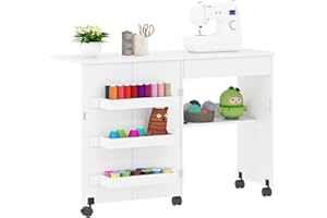 Rebonique Nähtisch Klappbar, 2-in-1 Nähmaschinentisch, Nähmaschinenschrank mit Offenen Ablagefächern und Rollen, Holz Nähschrank Basteltisch, Mehrzwecktisch für Wohnzimmer Arbeitszimmer Schlafzimmer