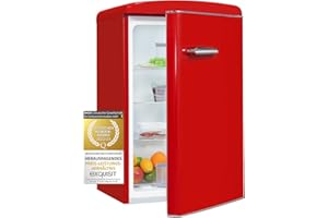 Exquisit® Frigorífico Table Top Retro, 122L, Clase F, Color Rojo, Cajón Verdulero, Altura Regulable, Ruedas Traseras, Estantes de Cristal, Luz LED, Consumo 112 kWh/año, Medidas 89,5x55x57,5 Cm