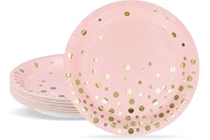 ZVK Platos de Papel, Rosa con lámina de oro 24 piezas Set de Platos de fiesta 18cm Platos de Papel Desechables Platos de Postre Set de Platos de Papel