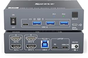 MLEEDA USB C Przełącznik KVM 2 Monitory 1 Laptop 1 Komputer 4K@60Hz, USB C HDMI Dual Monitor KVM Switch 2 Computers Współdzielą 2 Monitors i 4 Porty USB 3.0, Wyposażony w Przewodowy Pilot i Adapter Zasilania