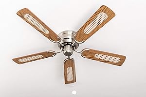 ‎PEPEO Pepeo - Kisa Deckenventilator ohne Beleuchtung | Ventilator mit Zugschalter in Silber mit Wendeflügeln in Eiche- und Walnuss-Holzoptik, Durchmesser 105 cm. (Farbe: Nickel gebürstet, Eiche/Walnuss)