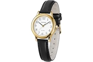 PINDOWS Minimalistische Uhren für Damen, Goldton-Gehäuse mit schwarzem Lederarmband, Modisch, Elegante Quarz-Analoguhr für den täglichen Gebrauch