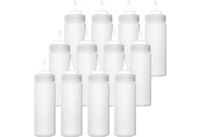 Bekith Pack de 12 Botellas de Plastico Grandes con Tapas de Rosca Dispensadores Rellenables para Ketchup Mostaza Vinagre Salsas Aceite Transparentes Sin BPA, 360mlsa, 360ml