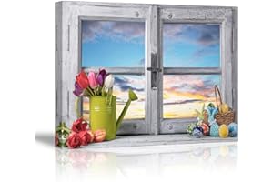 Piy Painting Impression sur Toile de Belles Fenêtres en Bois, Prêt Suspendu Peinture Tableau Tulipes élégantes Fleur Photo Dessin pour Art Déco Murale Chambre Salon Cadeau Anniversaire Noel 30x40cm