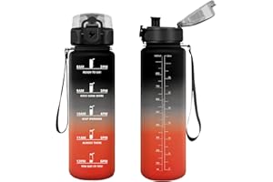 Vikastar Botella Agua 1 Litro, Motivacional Botella de Agua, Marcador de Tiempo, Botella Agua Gimnasio, Prueba de Fugas, Cantimplora, Reutilizable, Botella para Escuela, Camping, Negro-Rojo