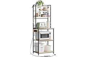 WOLTU Scaffale da Cucina a 6 Livelli con Prese di Corrente, Scaffale per Microonde con Struttura in Metallo e Piano di Lavoro Aperto, Nero+Rovere Chiaro, 60x39,5x167cm