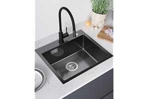 Sofetiy Spülbecken Schwarz 50x45 cm, Spüle Anthrazit Edelstahl, Moderne Einbauspüle Rechteckig, Küchenspüle mit Hahnloch, Spülbecken für Unterschrank ab 50 cm, Waschbecken Küche Edelstahl