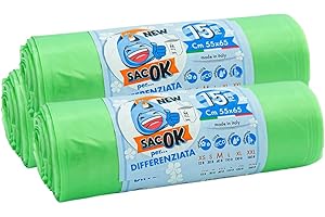 EFFENNE GROUP 45 Sacchi Spazzatura Verdi, Sacchetti Plastica con Manici a Shopper, 55x65cm, Sacchetti Trasparenti Super Resistenti, Sacchetti Spazzatura, Raccolta Differenziata, Raccolta Differenziata Esterno