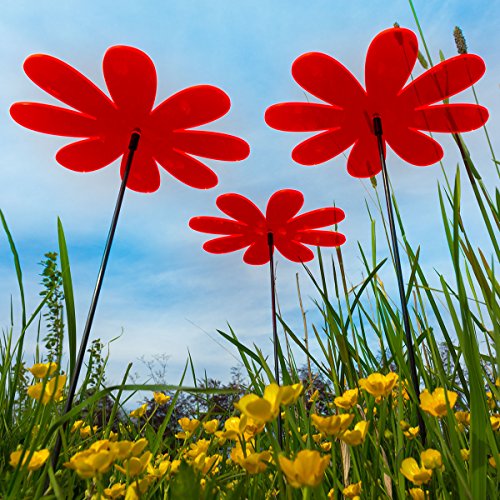 SUNPLAY Sonnenfänger „Gänseblümchen“ in ROT, 3 Stück zu je 20 cm Durchmesser im Set + 70 cm Schwingstäbe - 3