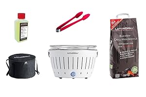 LotusGrill Juego de iniciación Classic 1 barbacoa blanca con conexión USB, 1 carbón de haya de 2,5 kg, 1 pasta de combustión de 200 ml, 1 pinzas (color según existencias), 1 bolsa de transporte – la