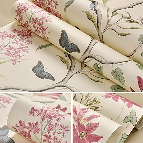 Tapete Vliestapete Fototapete Blumen Baum mit Vögel Vintage Stil 53*1000cm Wandtapete Wandbilder Wandbild LianLe (Beige) - 2