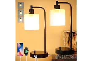 MIAOLIAN Bedside Lamps Set of 2,Dimmable Table Lamps with Eye-Caring Frosted Glass Shade for Bedrooms,USB Outlets Charging Port,Nightstand Industrial LED Desk Lamps for Reading Living Room Office