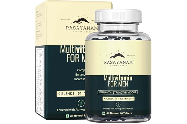 Rasayanam Multivitamin for Men 51 ingredients & 9 Blends Heart blend, Pre and Probiotic blends, Biotin skin blend, Ashwagandha muscle recovery blend Best Multivitamin for men- 60 Tablets