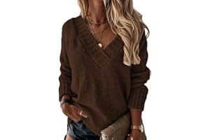 Minetom Femme Pull en Tricot Col en V Pullover Couleur Unie Léger Casual Manches Longues Pull Tricoté Chaud Hauts Chandail Automne Hiver