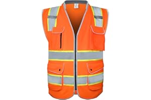 amoolo Gilet di Sicurezza con 9 Tasche, Cerniera e Collo Imbottito, Gilet Riflettente Alta Visibilità, ANSI/ISEA Tipo R Classe 2