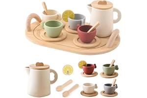 XUZIE Wooden Afternoon Tea Set for KLittle Girls and Boys, Kids Play Kitchen Accessories Toy with Teapot Cups Carrying Tray Scoop, Pretend Play Wooden Toys for Girls Boys Gifts (13 pcs)