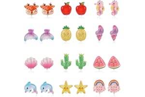 MIKOVIVI 12 Paires Boucles d'Oreilles à Clip pour Enfants, Boucles d'Oreilles à Clip Princesse Boucles d'Oreilles Non Percées Accessoires Bijoux Princesse pour Filles et Enfants (Animaux Fruitiers)