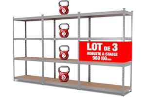 EURO VANADIUM - Triple Étagères de Rangement Charges Lourdes - 210 x 150 cm - 960 kg - Étagères de Garage modulables, 4 Niveaux, 12 Plateaux - 30 cm - Gris
