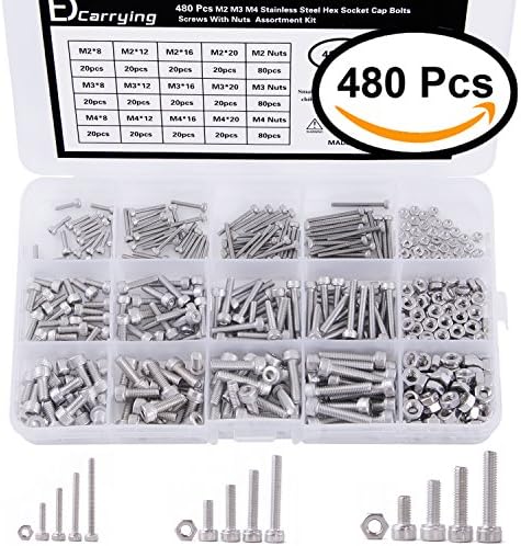 EDCarrying 480 Pcs M2 M3 M4 Stainless Steel Hex Socket Cap Bolts Screws with Nuts Assortment Kit SN-480S