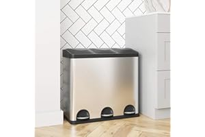 STARNINE 45L Compartment Recycling Bin Kitchen Pedal Dust Bin Removable Compartment Waste Separation Bin Stainless Steel Kitchen Waste Bin (45L (3x 15L compartments))