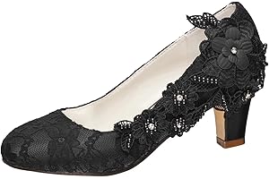 Emily Bridal Wedding Shoes Women's Silk Like Satin Chunky Heel Pumps with Stitching Lace Flower Crystal Pearl