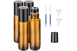 TOULIFLY Flacon Roll On Vide, Bouteilles d'Huiles Essentielles, 4X 10ml Flacons à Bille en Verre, Flacon Roller Rechargeable, Avec Bille en Acier Inoxydable pour Parfums Aromathérapie Massage Voyage