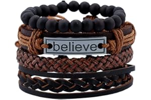 Branets Lot de 4 bracelets rétro mens leather avec Tressé Wood perlé Réglable manuellement pour hommes et femmes