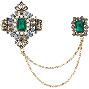 Brooch for Men Retro Gold Plated Chain Green Crystal Brooches Collar Pins Crystal Rhinestone With Hanging Chain Suit Shirt Lapel Brooch Pin Fashion Jewelry for Men Boy