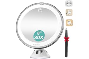 Auxmir Espejo Maquillaje con Luz LED, Aumento 30X con Ventosa Fuerte, Brillo Regulable, Giratorio 360°, Portátil para Pared, Baño, Viaje, Depilación y Cejas, Blanco, Redondo
