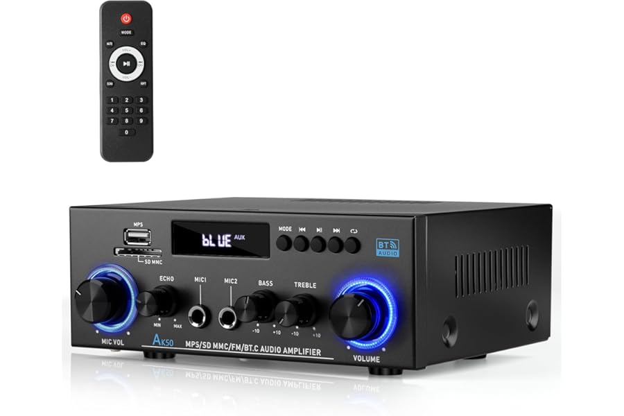 Romicta Stereo Audio HiFi Amplifier, 800W Bluetooth Amplifier 5.0, 2 Channels 12V/230V, LCD Display, SD/USB, FM Radio, Compatible with Active subwoofer and passive speakers