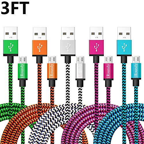 iRoundy Android Micro-USB-Kabel, 5 Pack 3FT Nylon Geflochten leicht Kämmbar sind Micro USB Ladekabel für Tablets und Smartphones, Samsung, HTC, Motorola und mehr