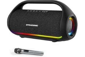 DYNASONIC S90 - Enceinte Bluetooth Portable IPX5 Waterproof. Enceinte d'extérieur sans Fil. Stéréo sans Fil. Lecteur de Son Puissant avec lumières LED intégrées. Micro-SD, Radio FM, USB.