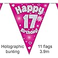 Party Bunting Happy 17th Birthday Pink Holographic 11 flags 3.9m