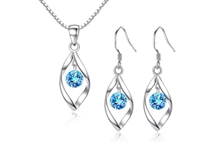 Zolkamery Silver Jewellery Set for Women, 925 Sterling Silver Women's Jewellery Sets with White/Blue/Pink Zirconia, Hypoallergenic Twist Pendant Necklace & Hook Dangle Earrings Set Gift with Gift box