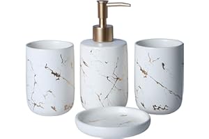 ‎BQSWYD 4-teiliges Badezimmer Zubehör Set aus Keramik, Edles Bad Accessoires Set Stilvolles Badzubehör Set mit Marmor Seifenspender, Seifenschale und Zahnputzbecher