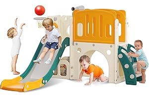 hoopyosms Scivolo per Bambini con Scala da Arrampicata, Canestro da Basket e Tunnel, Set di Scivolo in Plastica per Interni per Bambini, Giochi Montessori per Parco Giochi, Verde