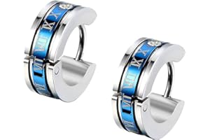 Flongo Men's Hoop Earrings Classic Biker Stainless Steel Engraved Roman Numerals Classic Polished Hoop Hinged Earrings for Men