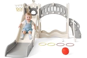 HELANGEL Tobogán infantil, tobogán grande para niños pequeños con canasta de baloncesto, estructura de escalada para el jardín, telescópico, espacio de almacenamiento (modelo activo de seis en uno (beigegrau