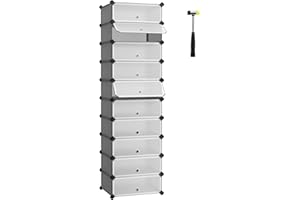 ‎SONGMICS SONGMICS Zamykany stojak na buty, prostokątny organizer, 10-szczelinowy modułowy regał do przechowywania DIY, każdy moduł 40 x 30 x 17 cm, szafa z tworzywa sztucznego z drzwiami, szary LPC010G01