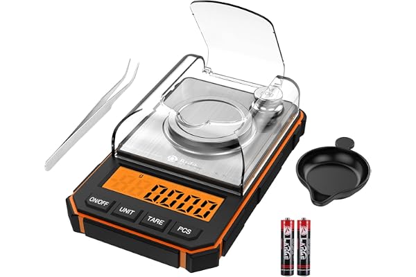 Brifit Balance de précision 0,001 g, 50 g/0,001 g, balance numérique milligramme, balance de précision, avec écran LCD, poids d'étalonnage et pincettes, pour poêles berceuses (orange)
