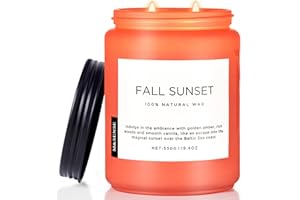 M&SENSE Candele di soia grandi Tramonto d'autunno. Profumo ambra e legno. 550 g. Durata 110 ore. Lenta combustione. Candela di aromaterapia naturale organica rilassante