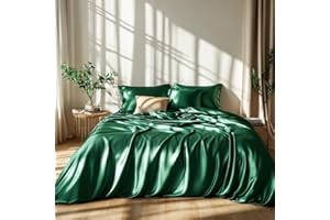 ‎LANQINGLV Lanqinglv Satin Bettwäsche Set 220x240 cm Dunkelgrün Grün Seide Glatt Glanzsatin Luxus Sommerbettwäsche Set Satin Polyester Uni Doppelbett Bettbezug mit Reißverschluss und 2 Kissenbezug 80x80cm