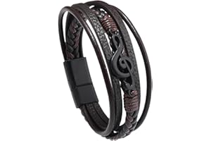 JT2D Men's Leather Bracelet - Personalized Black Music Note, Multi-Layer Braided, Adjustable Brown, Gift for Dad, Boyfriend, Husband
